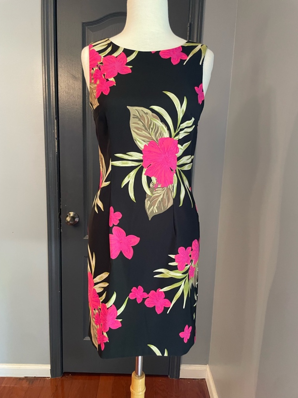 Kim Rogers Sleeveless Black Dress with Hot Pink Floral Print